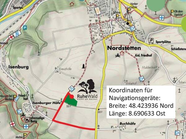 Kartenausschnitt mit Wegbeschreibung zum RuheWald Horb am Neckar nahe Nordstetten, Koordinaten 48.423936 Nord, 8.690633 Ost, markiert mit rotem Pfad und grünem Dreieck.