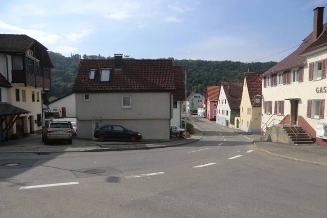 Straßenszene in einem kleinen Ort mit traditionellen Häusern, parkenden Autos und bewaldeten Hügeln im Hintergrund.