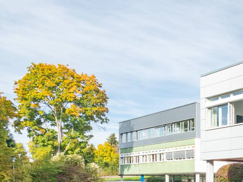 Schulgebäudekomplex mit großen Fenstern und Bäumen im Hintergrund.