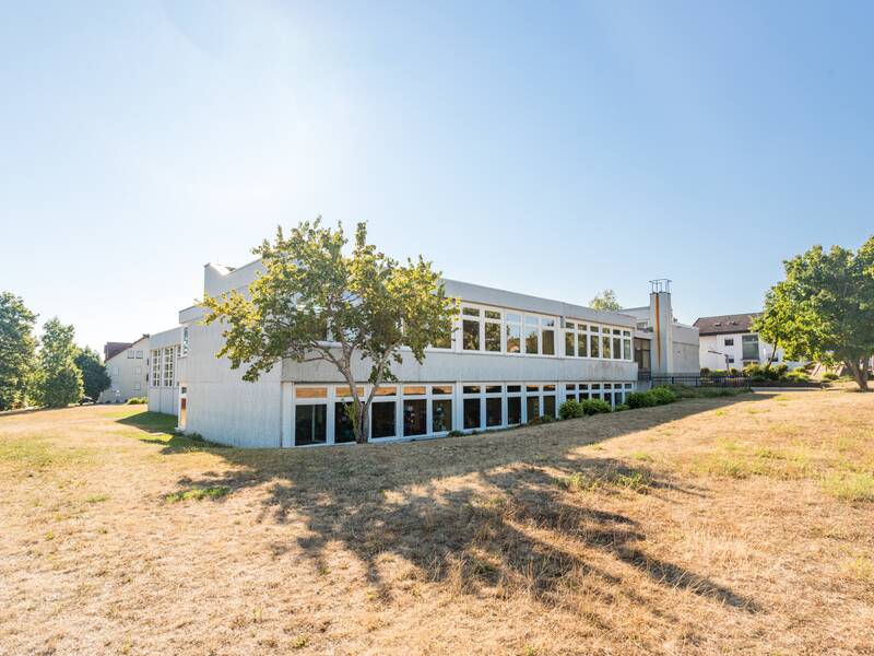 Das Bild zeigt eine schöne, sonnige Landschaft hinter der Schule.