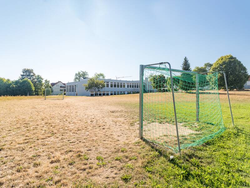 Auf einem weitläufigen, teilweise trockenen Rasenplatz steht ein grünes Fußballtor vor einem modernen Gebäude, umgeben von Bäumen.
