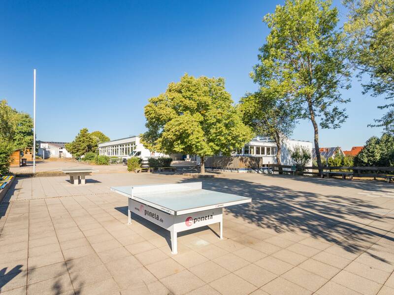 Das Bild zeigt einen Schulhof in einer sonnigen Atmosphäre. 