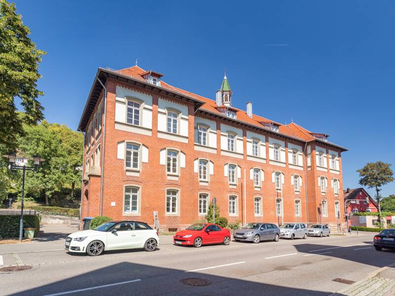 Das Schulgebäude mit der braunen Hausfassade.