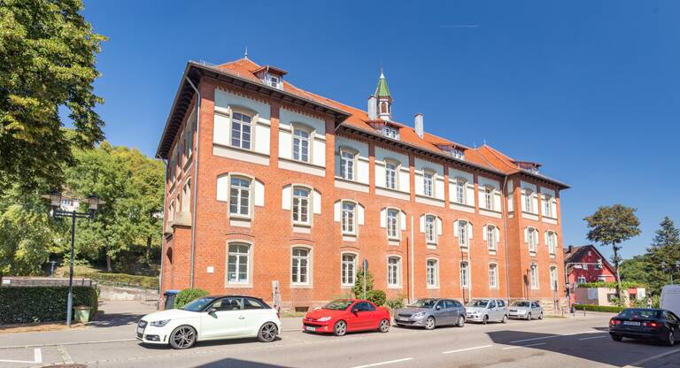 Das Schulgebäude mit der braunen Hausfassade.