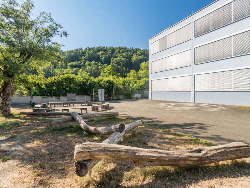 Das Bild zeigt den Schulhof mit Sitzgelegenheiten umgeben von Bäumen unter einem blauen Himmel.