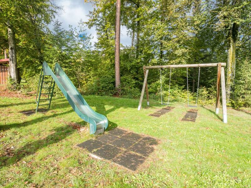 Metallrutsche und Holzschaukel mit zwei Sitzen auf einer Wiese vor Bäumen