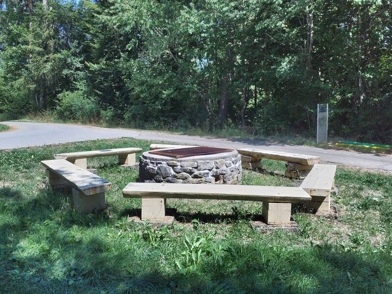 Ein steinerner, runder Grillplatz ist von mehreren Holzbänken umgeben, die auf einer grasbewachsenen Fläche im Wald stehen.