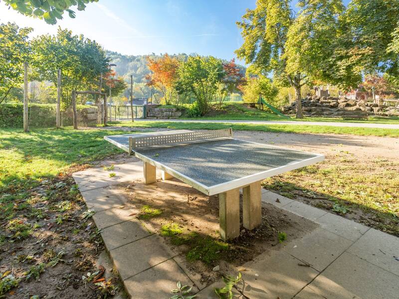 grüne Tischtennisplatte auf einem Spielplatz 