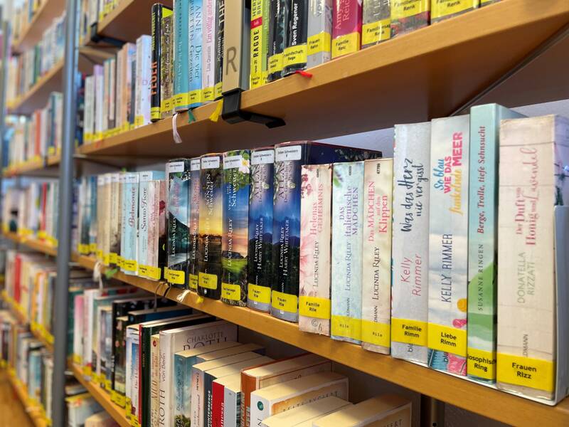 Bücher, die in mehreren Regalen nebeneinader stehen.