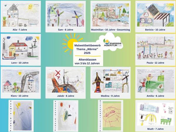 Zwölf farbenfrohe Kinderzeichnungen zum Thema "Wärme" umrahmen das zentrale Logo der Energieagentur NRW und den Hinweis auf den Malwettbewerb 2025 für Altersklassen von 3 bis 12 Jahren.