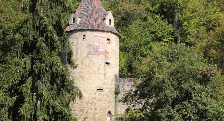 Ein historischer Turm mit Ziegeldach und Bemalungen umgeben von Bäumen.