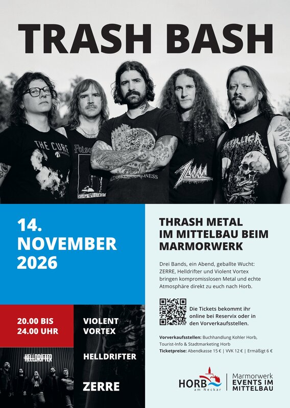 Das Bild zeigt ein Poster für das Thrash-Metal-Event "Trash Bash" am 14. November 2026, mit einer Band in Schwarz-Weiß abgebildet und Informationen zu Veranstaltungsort und teilnehmenden Bands.
