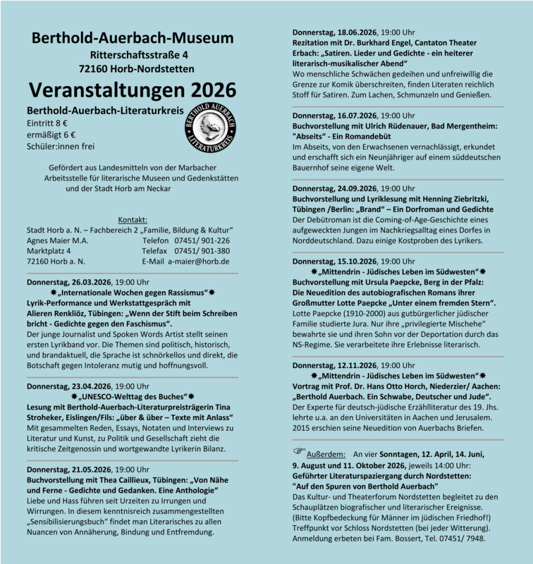 Übersichtliches Veranstaltungsprogramm 2026 des Berthold-Auerbach-Museums mit Terminen, Uhrzeiten, Veranstaltungsorten und kurzen Beschreibungen zu Lesungen, Vorträgen und Performances.