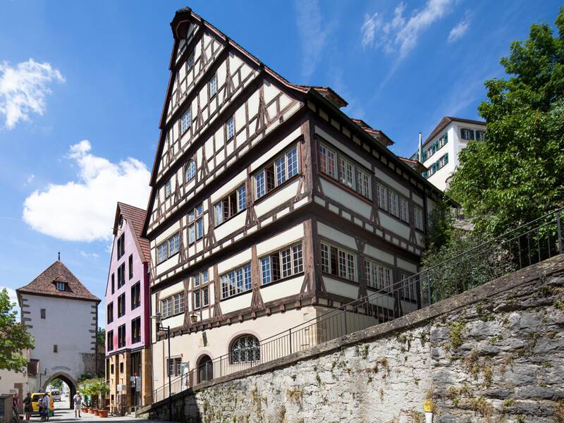 Ein traditionelles Fachwerkhaus steht auf einer von Bäumen gesäumten Straße mit mehreren bunten Gebäuden und einem Torbogen im Hintergrund unter einem blauen Himmel.