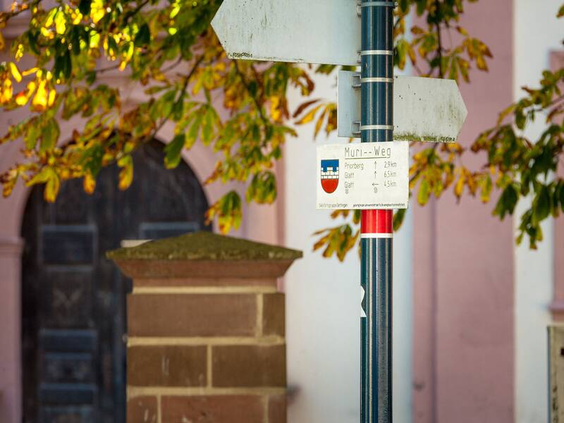 Mehrere Schilder die in verschiedene Richtungen führen, darunter zum Muri Weg