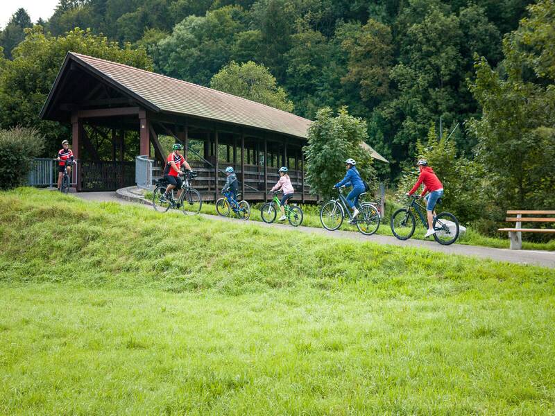 Fahrradfahrer einer schönen Landschaft mit Brücke