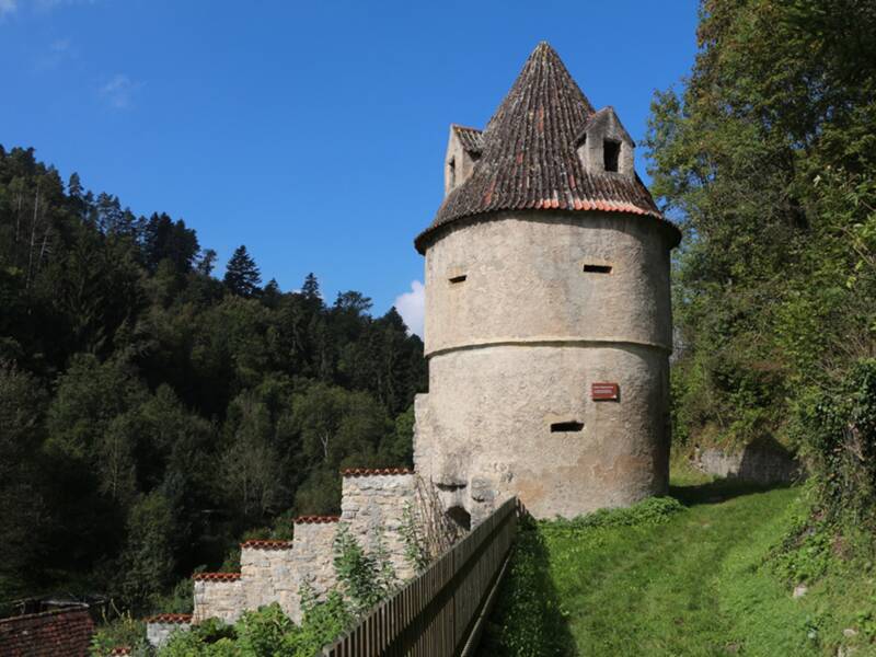Ein runder, historischer Turm mit einem steilen, spitzen Dach steht vor einem Hintergrund aus dicht bewaldeten Hügeln und blauem Himmel.